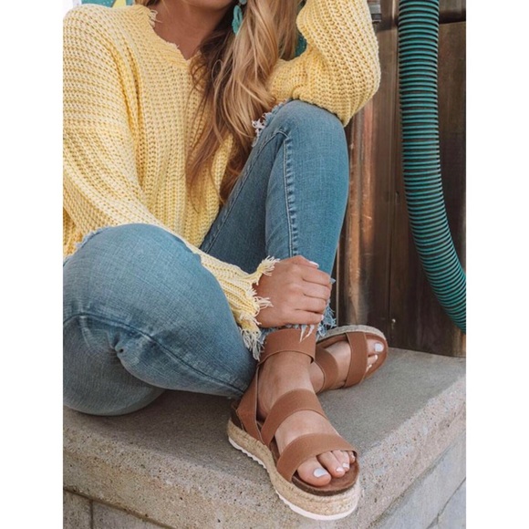 Tan Camel Espadrille Platform Two Strap Sandals - Picture 2 of 9